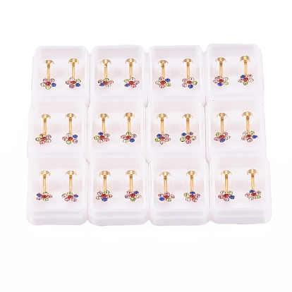 304 Stainless Steel Earlobe Plugs, Screw Back Earrings, with Rhinestone, Flower, Golden