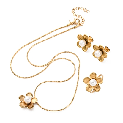 Цветок 304 ожерелья с подвесками из нержавеющей стали, кольца-манжеты и серьги-гвоздики, с пластиковой имитационной жемчужиной