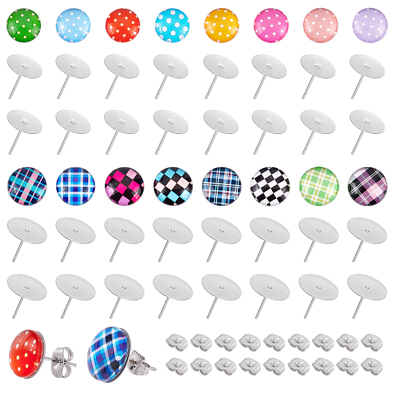 DIY Half Round with Tartan Pattern Stud Earrings Making Kit, Include Glass Cabochons, 304 Stainless Steel Stud Earring Settings, 201 Stainless Steel Ear Nuts