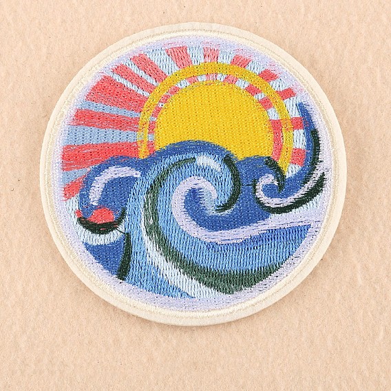 Computerized Embroidery Cloth Iron on/Sew on Patches, Costume Accessories, Appliques, Flat Round with Sea Wave