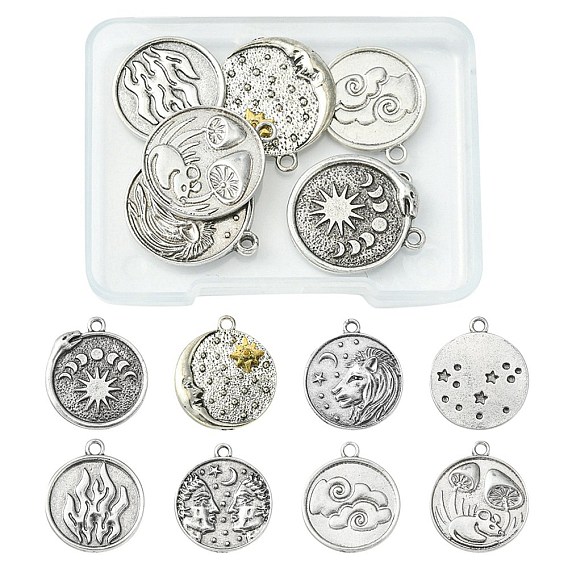 8Pcs 8 Styles Tibetan Style Alloy Pendants, Flat Round with Mixed Shapes