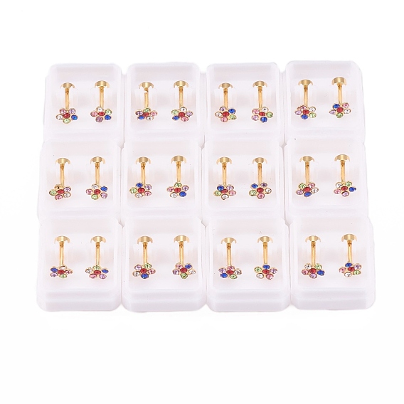 304 bouchons de lobe d'oreille en acier inoxydable, boucles d'oreilles vissées, avec strass, fleur, or