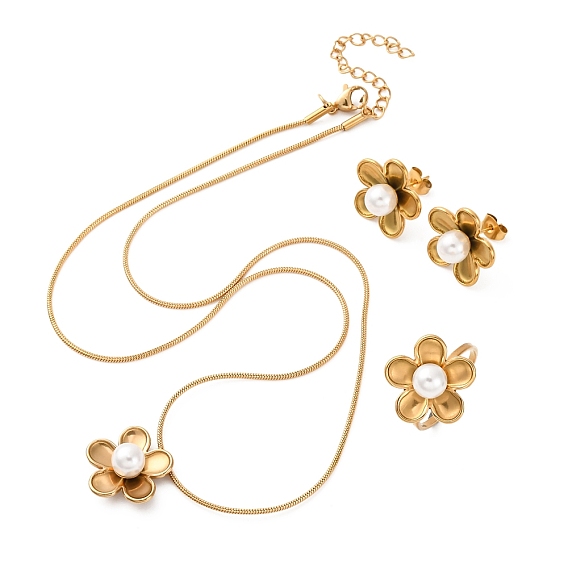 Цветок 304 ожерелья с подвесками из нержавеющей стали, кольца-манжеты и серьги-гвоздики, с пластиковой имитационной жемчужиной