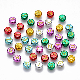 Plating Acrylic Beads, Horizontal Hole, Flat Round with Initial Letter, Mixed Color