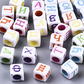 Craft Style Acrylic Beads, Cube with Mixed Russian Alphabet