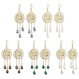 Mixed Gemstone Chip & Alloy Dangle Earrings, Moon & Sun Tassel Earrings for Women