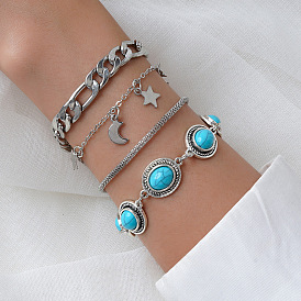 Boho Chic Turquoise Stone Moon and Star Charm Bracelet Set for Women