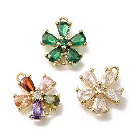 Brass Pave Glass Flower Connector Charms, Real 18K Gold Plated