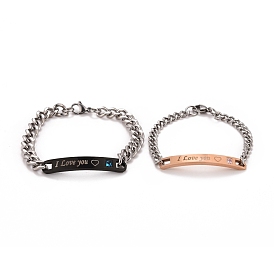 Rectangle avec mot je t'aime bracelet lien avec strass, 304 bijoux en acier inoxydable pour hommes femmes