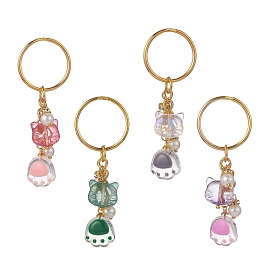 Transparent Glass Keychain, with Glass Beads and Iron Split Key Rings & Rhinestone Beads
