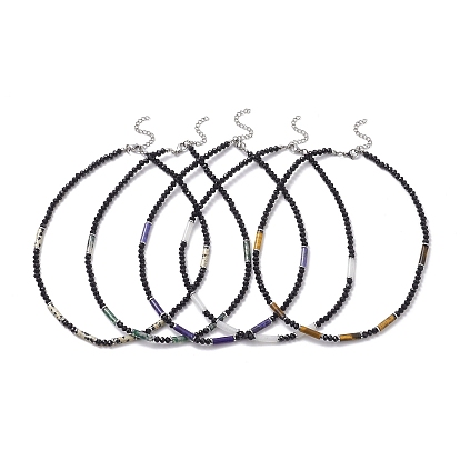 Glass & Non-magnetic Synthetic Hematite Bead Necklaces, Mixed Natural Gemstone Bead Necklaces, 304 Stainless Steel Jewelry