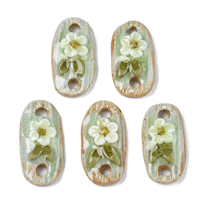 Handmade Porcelain Conector Charms, Famille Rose Style, Oval with Flower