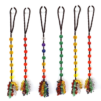 Gemstone Round Beaded Pendant Decorations, Polyester Cord and Gemstone Chip Tassel Car Hanging Decorations
