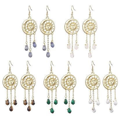 Mixed Gemstone Chip & Alloy Dangle Earrings, Moon & Sun Tassel Earrings for Women