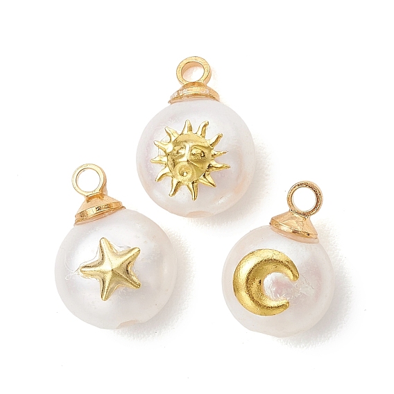 3шт 3 стили подвески из натурального культивированного пресноводного жемчуга, Двусторонние полированные подвески с латунным фрагментом солнца, луны и звезды., цветочный белый