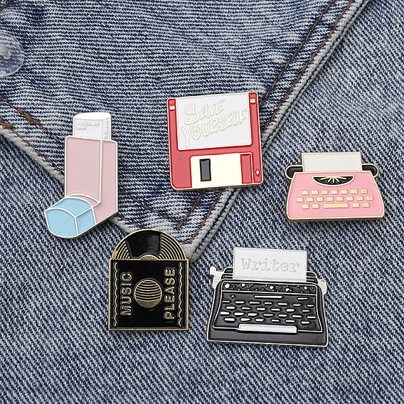 Retro Record Player Fax Machine Memory Card Bag Pin Set - Fashionable Accessories