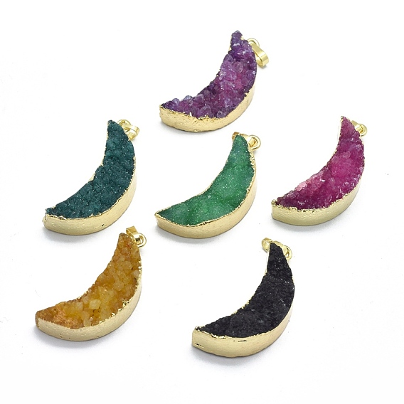 Natural Druzy Agate Pendants, Edge Golden Plated, with Golden Tone Brass Finding, Moon, Dyed & Heated
