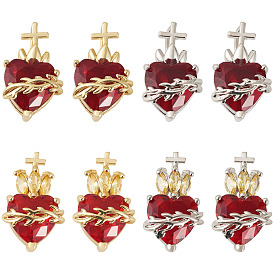 8шт 4 стили латунные стеклянные подвески, сердце с крестом, без свинца и без кадмия, долговечный, стойки покрытие, граненые