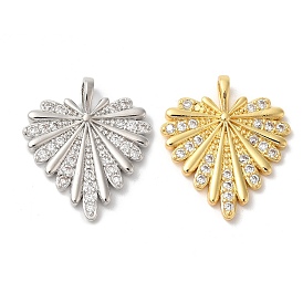 Rack Plating Brass Clear Cubic Zirconia Pendants, Long-Lasting Plated, Lead Free & Cadmium Free, Heart with Flower