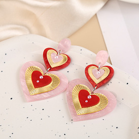 Pendientes colgantes de acrílico con tachuelas, corazón, con perlas de imitación