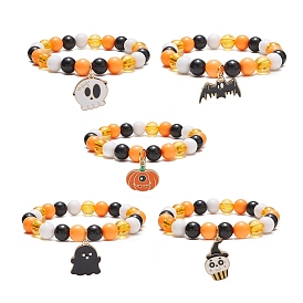 Acrylic Round Beaded Stretch Bracelet, Alloy Enamel Charms Halloween Bracelet for Women