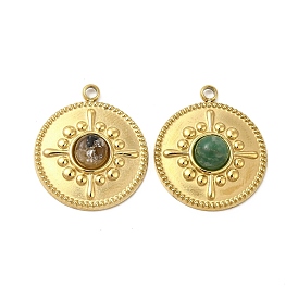 Natural Gemstone Pendants, Flat Round Charms, with Vacuum Plating Real 18K Gold Plated 201 Stainless Steel Findings