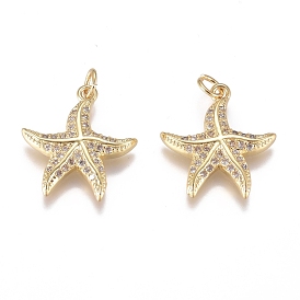 Brass Micro Pave Cubic Zirconia Pendants, Long-Lasting Plated, with Jump Ring, Starfish