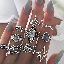 Vintage Feather & Diamond Starry Sky Gemstone White Sapphire Ring Set (11 Pieces)