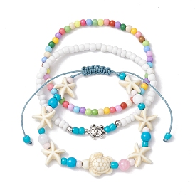 3Pcs 3 Styles Starfish & Turtle Synthetic Turquoise Braided Bead Bracelet Sets, Summer Beach Acrylic Beaded Stretch Stackable Bracelets for Women