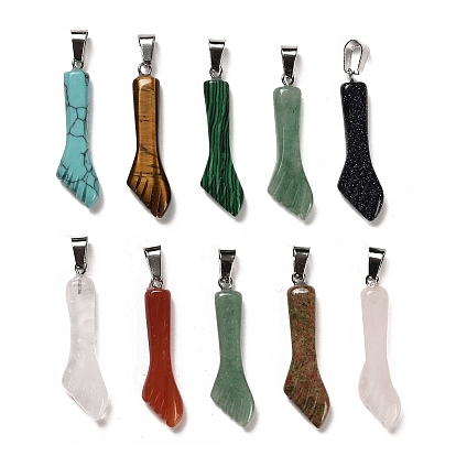 Mixed Gemstone Pendants, Fishtail Charms with Platinum Plated Iron Snap on Bails