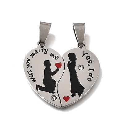 Día de san valentín 201 colgantes de acero inoxidable, con esmalte y diamantes de imitación de cristal, Corazón con amuletos de pareja