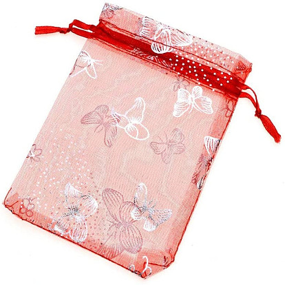 Rectangle Printed Organza Drawstring Bags, Silver Stamping Butterfly Pattern