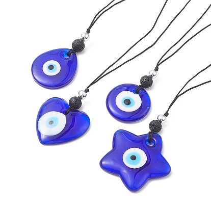 Lampwork Evil Eye & Natural Lava Rock & Synthetic Hematite Pendant Necklace with Nylon Thread
