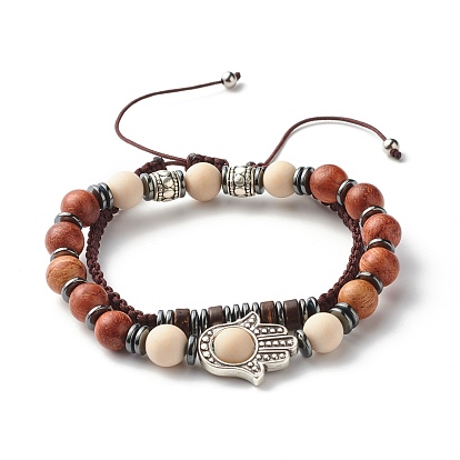 Friend Morse Code Stretch Bracelets Set, Hamsa Hand /Hand of Miriam Link Bracelets, Natural Fossil & Wood & Synthetic Hematite Beads Bracelets, Secret Message Lucky Gift for Best Friends