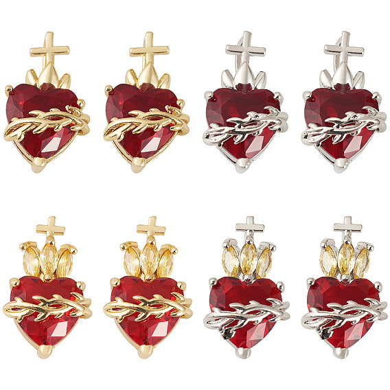 8шт 4 стили латунные стеклянные подвески, сердце с крестом, без свинца и без кадмия, долговечный, стойки покрытие, граненые