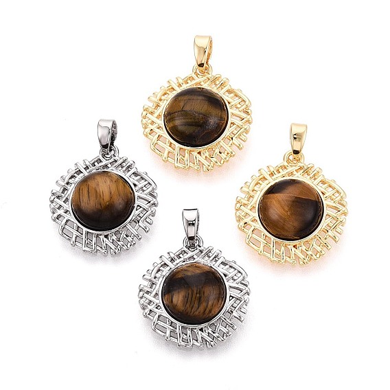 Природных тигровый глаз подвески, плоские круглые подвески с латунными оправами