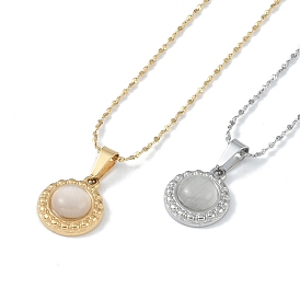 304 Stainless Steel Serpentine Chain Necklaces, Round Cat Eye Pendant Necklaces, Real 18K Gold Plated