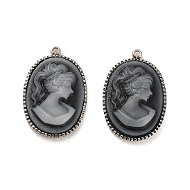 304 Stainless Steel Pendants, Oval Acrylic Cameo Lady Charms, Gray