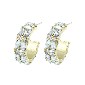 Luxury Brass Diamond-studded Earrings for Women, Fashionable C-shaped Colorful Rhinestone Ear Hoops