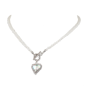 Heart Brass Pave Glass Rhinestone Pendant Necklaces, Round ABS Plastic Imitation Pearl Beaded Necklaces for Women