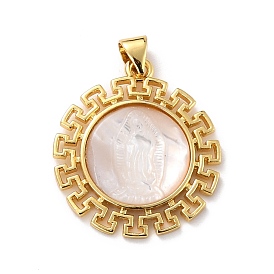 Eco-Friendly Brass Pendants, Long-Lasting Plated, with Natural Shell, Real 18K Gold Plated, Cadmium Free & Lead Free, Round with Jesus Pattern