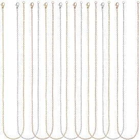 12Pcs 3 Colors Unisex Classic Plain 304 Stainless Steel Mens Womens Cable Chain Necklaces, with Lobster Claw Clasps