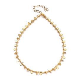 Brass Curb Chain Anklets, with Flat Round Charms and 304 Stainless Steel Lobster Claw Clasps