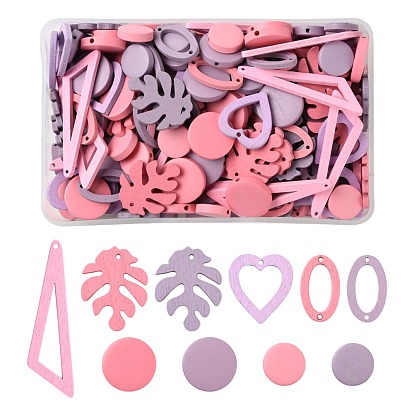 200Pcs 20 Style Painted Natural Poplar Wood Craft Supplies, Includiing Flat Round Wood Beads, Heart & Triangle & Monstera Leaf Pendants, Oval Links