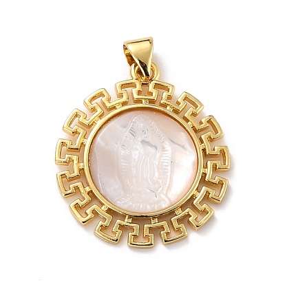 Eco-Friendly Brass Pendants, Long-Lasting Plated, with Natural Shell, Real 18K Gold Plated, Cadmium Free & Lead Free, Round with Jesus Pattern