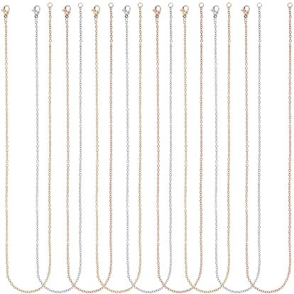 12Pcs 3 Colors Unisex Classic Plain 304 Stainless Steel Mens Womens Cable Chain Necklaces, with Lobster Claw Clasps