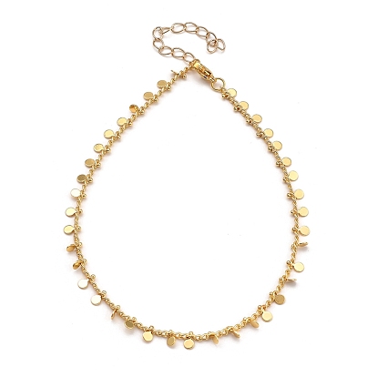 Brass Curb Chain Anklets, with Flat Round Charms and 304 Stainless Steel Lobster Claw Clasps