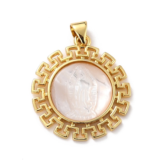 Eco-Friendly Brass Pendants, Long-Lasting Plated, with Natural Shell, Real 18K Gold Plated, Cadmium Free & Lead Free, Round with Jesus Pattern