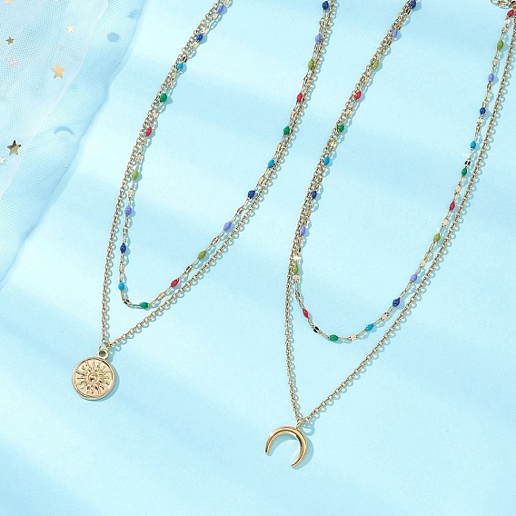 2 шт. 2 стили 304 подвеска в виде луны и солнца из нержавеющей стали, цветная эмалевая цепочка, двухслойные ожерелья для женщин