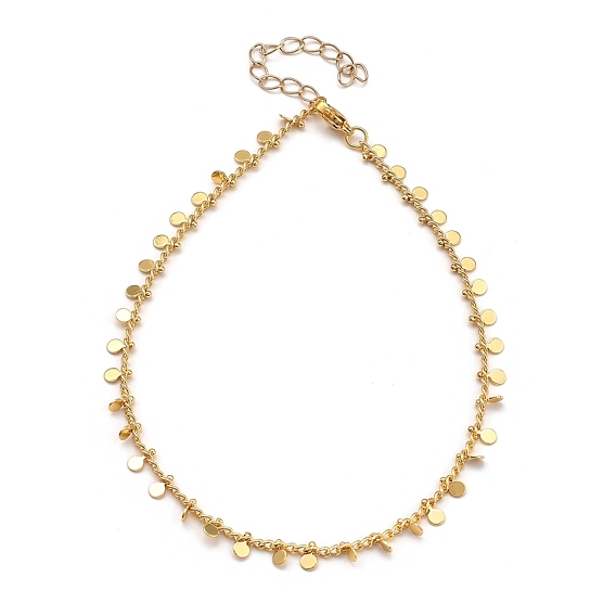 Brass Curb Chain Anklets, with Flat Round Charms and 304 Stainless Steel Lobster Claw Clasps